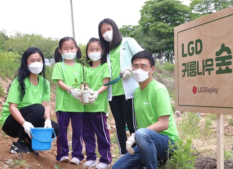 LG디스플레이 임직원 가족 봉사단은 6월 세계 환경의 날을 앞두고 DMZ 인근의 민간인통제선(민통선) 지역을 찾아 생태숲 복원을 위해 귀룽나무 600그루를 식재했다고 지난달 30일 밝혔다. (사진: LG디스플레이)
