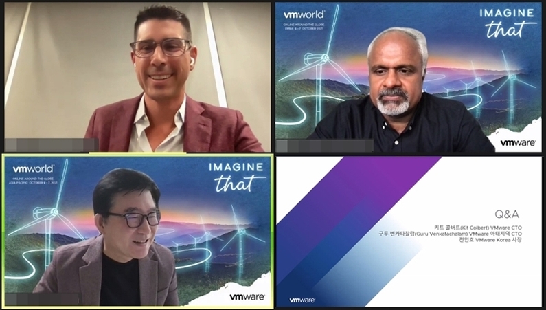 (좌측 상단부터 시계방향으로)키트 콜버트 VMware CTO, 구루 벤카타찰람 VMware 아태지역 CTO, 전인호 VMware Korea 사장. (출처 : VMware)