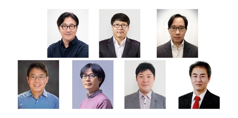 삼성미래기술육성사업 2021년 하반기 지원 과제에 선정된 교수진(첫째줄 왼쪽부터 포스텍 김태경 교수, UNIST 박경덕 교수, 가천대 김익수 교수, 둘째줄 왼쪽부터 KAIST 김진국 교수, GIST 이종석 교수, 서울대 허충길 교수, 포스텍 공병돈 교수) (출처 : 삼성전자)