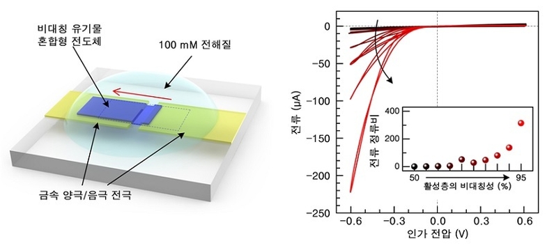 (좌) 본 연구에서 제안한 소자의 모식도와 (우) 비대칭 활성층 형성을 통한 전류 정류 특성 그래프 (출처: GIST)