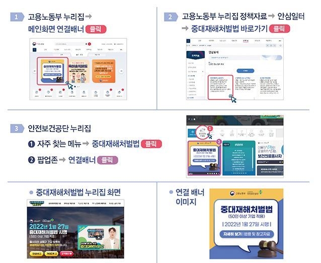 중대재해처벌법 누리집 연결방법 (출차: 고용노동부)