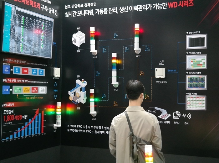한국페트라이트 부스에서 한 관람객이 WP PRO 시리즈에 눈길을 주고 있다.