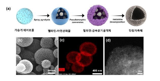 (a) 가습기공정을 이용한 단원자촉매 합성과정 (b) 단원자 촉매의 SEM 이미지 (c) 코발트 원소 맵핑 이미지 (d) 고해상도 TEM 이미지 (출처: KIST)