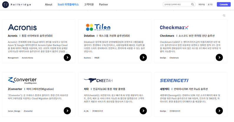 SaaS 마켓플레이스 ‘레일브릿지’ 화면. (출처 : 에이프리카)