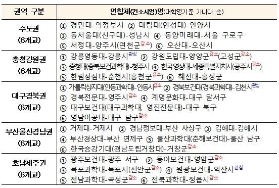 최종 선정된 5개 권역 30개 연합체(컨소시엄) (출처: 교육부)