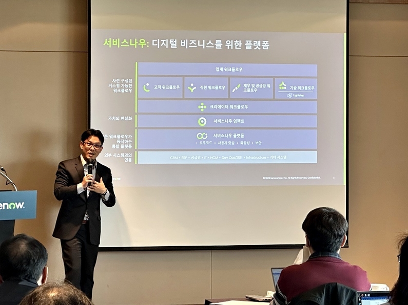 장기훈 서비스나우코리아 솔루션 컨설팅 전무가 미디어 브리핑 자리에서 유타 릴리스를 소개하고 있다. (출처 : 헬로티)