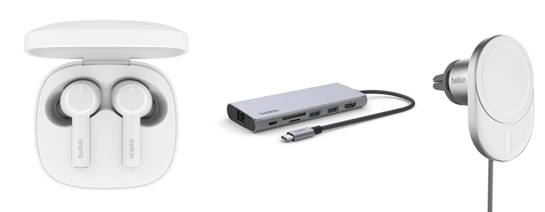  벨킨 사운드폼 펄스 노이즈캔슬링 블루투스 무선 이어폰(좌), 벨킨 7in1 USB C타입 멀티 허브(중), 벨킨 부스트업 맥세이프 15W 차량용 무선 충전 거치대(우)