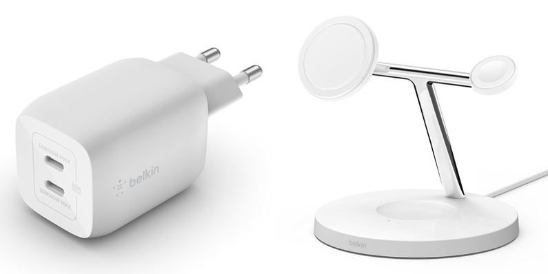 벨킨 65W 듀얼 USB-C타입 PPS GaN 고속 충전기(좌), 벨킨 3in1 맥세이프 15W 무선 충전 스탠드(우)