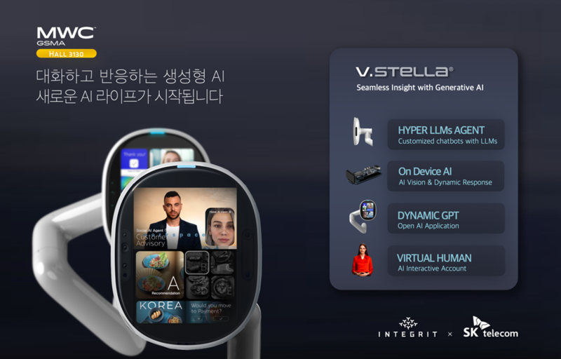 인티그리트와 SK텔레콤이 온디바이스 AI와 생성형 AI 기술이 접목된 스텔라를 모바일 월드 콩그레스 2024 전시장에서 선보일 예정이다. (출처 : 인티그리트)