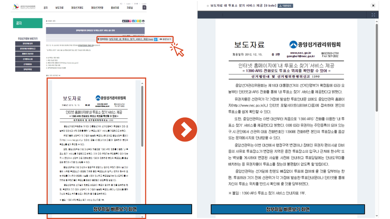 중앙선거관리위원회 홈페이지 사이냅 문서뷰어 동작화면 (출처 : 사이냅소프트)