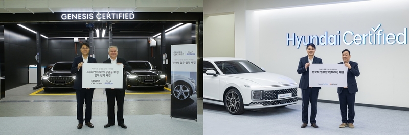 홍정호 현대차 국내CPO사업실 상무가 제롬 뱅송 미쉐린코리아 대표(좌)와 이수일 한국타이어앤테크놀로지 대표(우)와 업무협약식에서 기념촬영 중이다. (출처 : 현대자동차)