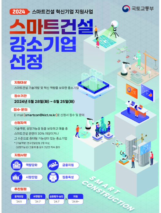 출처 : 국토교튱부 : 국토교통부(장관 박상우)는 스마트건설 기술개발 역량을 보유하고 있는 등 성장잠재력이 큰 중소기업들을 대상으로 5월 28일부터 4주간 스마트건설 강소기업(최대 20개)을 모집한다. 강소기업 선정·지원은 강소기업 성장 → 건설산업 체질개선 → 건설 인식제고 → 창업 증진로 이어지는 중소기업의 선순환 성장구조를 마련하기 위해 추진하고 있다.