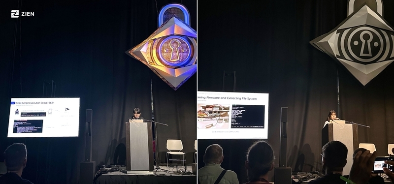 (왼쪽부터) 박한렬 선임 연구원과 이호진 선임 연구원이 DEF CON 32 컨퍼런스에서 연구결과를 발표하고 있다. (출처:지엔)
