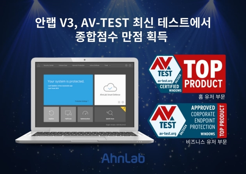 안랩이 5~6월 AV-TEST의 PC용 백신 평가 ‘홈 유저’ 및 ‘비즈니스 유저’ 부문에 참가해 진단율·성능·사용성 평가 항목에서 만점을 기록했다. (출처:안랩)