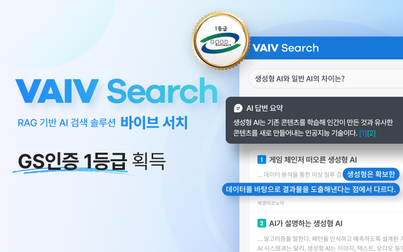 바이브컴퍼니가 KTL SW 품질인증 심사에서 '바이브 서치(VAIV Search)'로 최고 등급인 GS인증 1등급을 획득했다. 