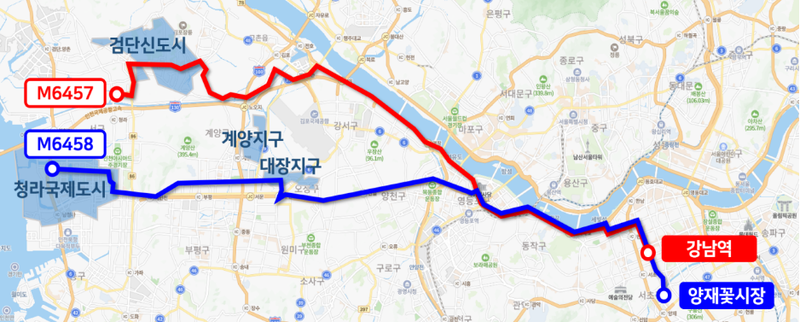  국토부 제공 / 인천 기점 노선도 M6457번(검암~강남역), M6458번(청라~양재꽃시장)