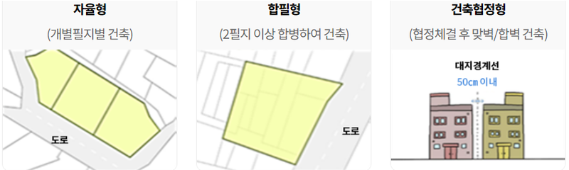 한국부동산원 제공 / 자율주택 정비사업의 사업 방식은 자율형 합필형 건축협정형으로 구분된다. 