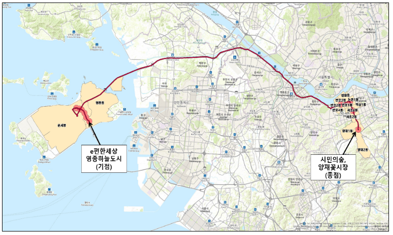 국토부 제공 / '24년도 광역급행형 버스 신설 노선(안)중 (인천 중구) e편한세상영종하늘도시~시민의숲,양재꽃시장 노선