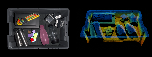 Zivid 2+ R 시리즈 카메라로 동시에 캡처한 내장 2D 카메라 이미지 (좌) 와 3D 포인트 클라우드 (우) / 출처 - 지비드