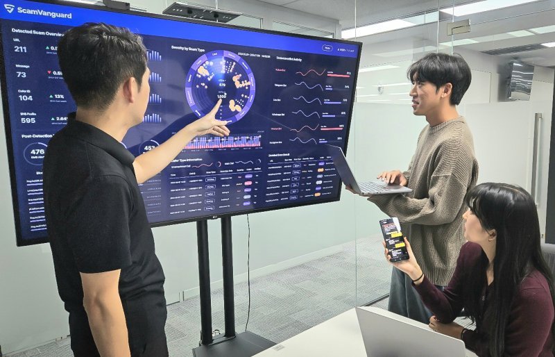 SKT 관계자들이 AI 사이버보안 기술인 ‘스캠뱅가드’를 점검하고 있다. (출처 : SKT)