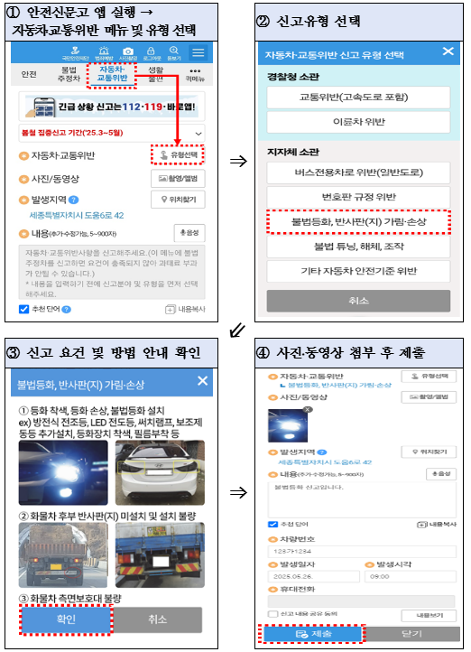 출처 : 국토부 / 안전신문고 앱 불법자동차 신고방법(예시)