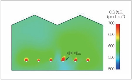 그림 4. CO2 국소 시용한 식물 공장(딸기 고설 재배) 횡단면의 CO2 농도 공간 분포 (Zhang et al., 2020을 일부 수정)