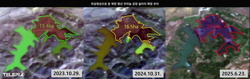위성영상으로 본 북한 평산 우라늄 공장 슬러지 확장 추이 (출처 : 텔레픽스)