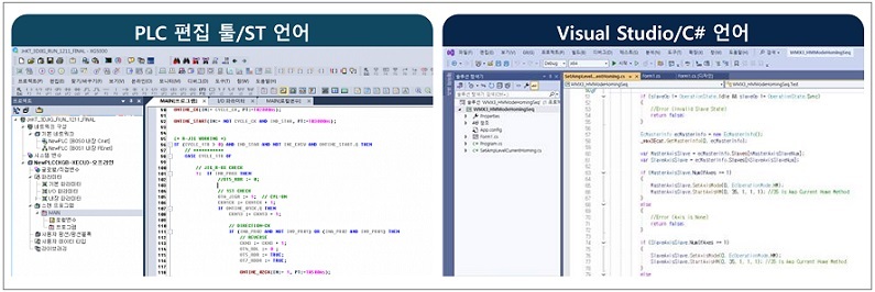 그림 2. PLC의 편집 툴 및 ST 언어(Structured Text)와 PC의 Visual Studio 및 C# 언어