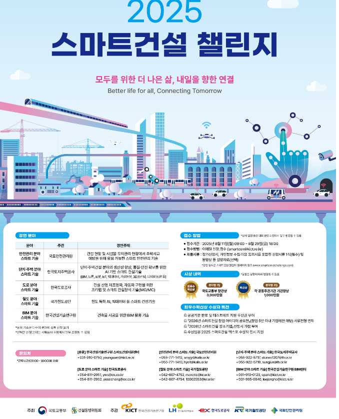 출처 : 국토부 / ‘스마트 건설 챌린지’는 안전관리, 단지·주택, 도로, 철도, 건설 정보모델링(BIM) 등 5개 분야에 대해 진행된다.