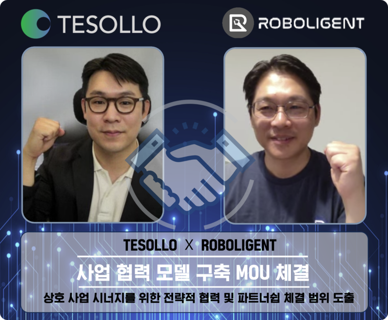 로봇 핸드 기반 자동화 솔루션 기술 업체 테솔로의 김영진 대표(좌)와 인공지능(AI) 기반 로봇 기술 업체 로볼리전트의 김봉수 대표(우)가 국내외 산업·공장 자동화(FA) 혁신을 약속했다. (출처 : 로볼리전트)
