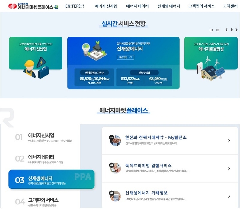 한국전력(은 1일부터 한전이 구축한 에너지 분야 오픈 플랫폼 에너지 마켓 플레이스 ‘EN:TER’에 신재생 에너지 거래 서비스를 오픈했다고 밝혔다. (자료: 한국전력)